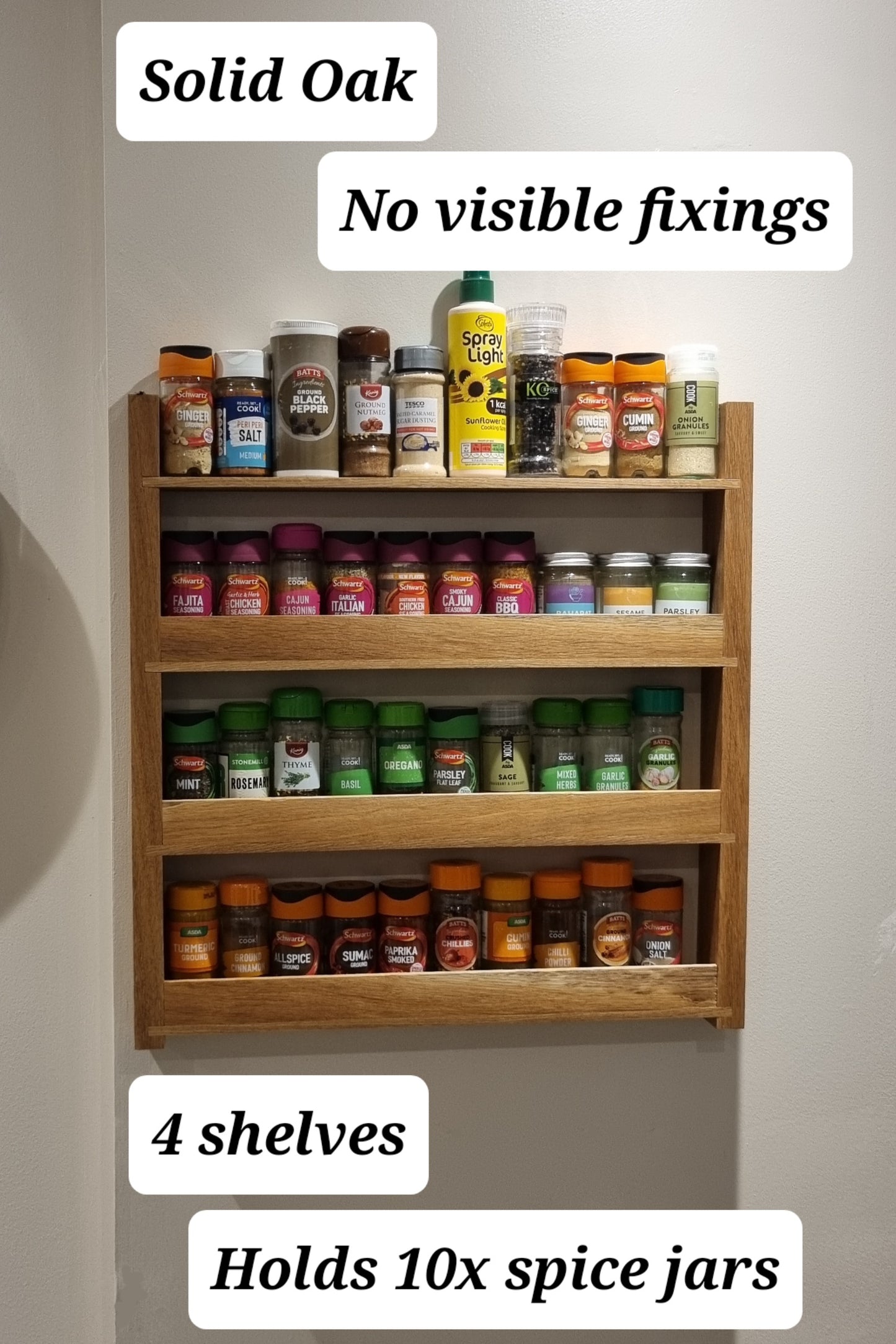 4 row Solid Oak Spice rack with shelves