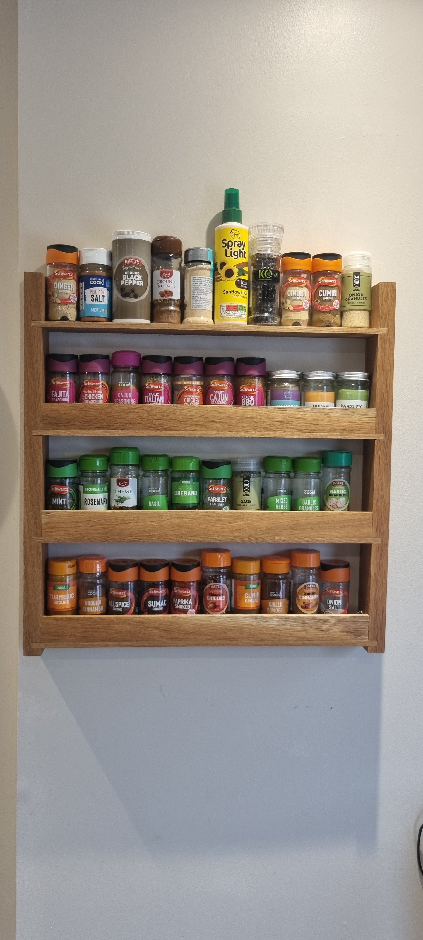 4 row Solid Oak Spice rack with shelves