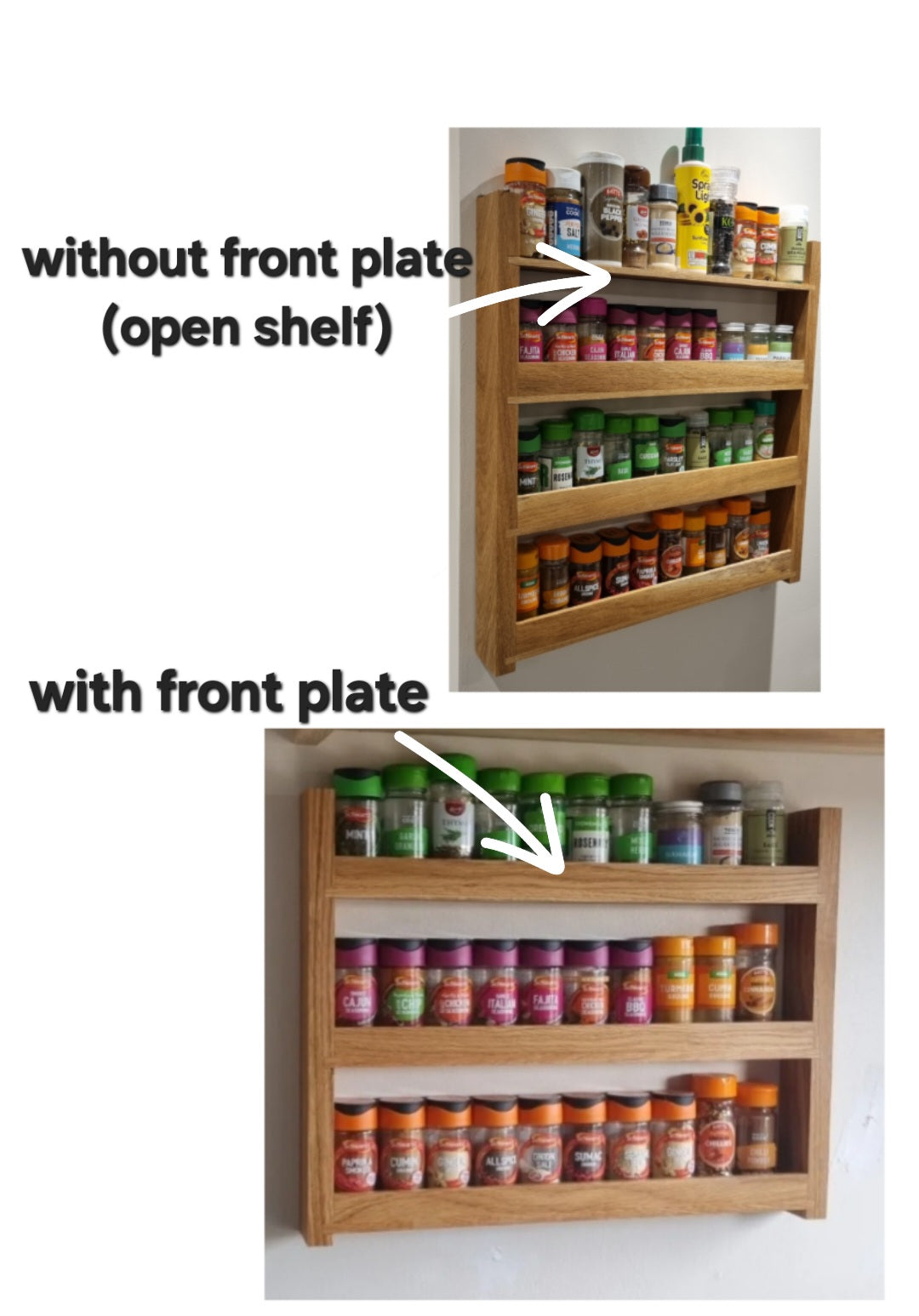 4 row Solid Oak Spice rack with shelves