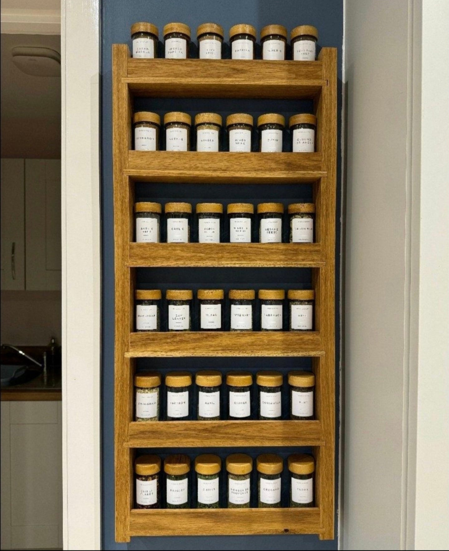 6 row Solid Oak Spice rack with shelves (80cm x 35cm)