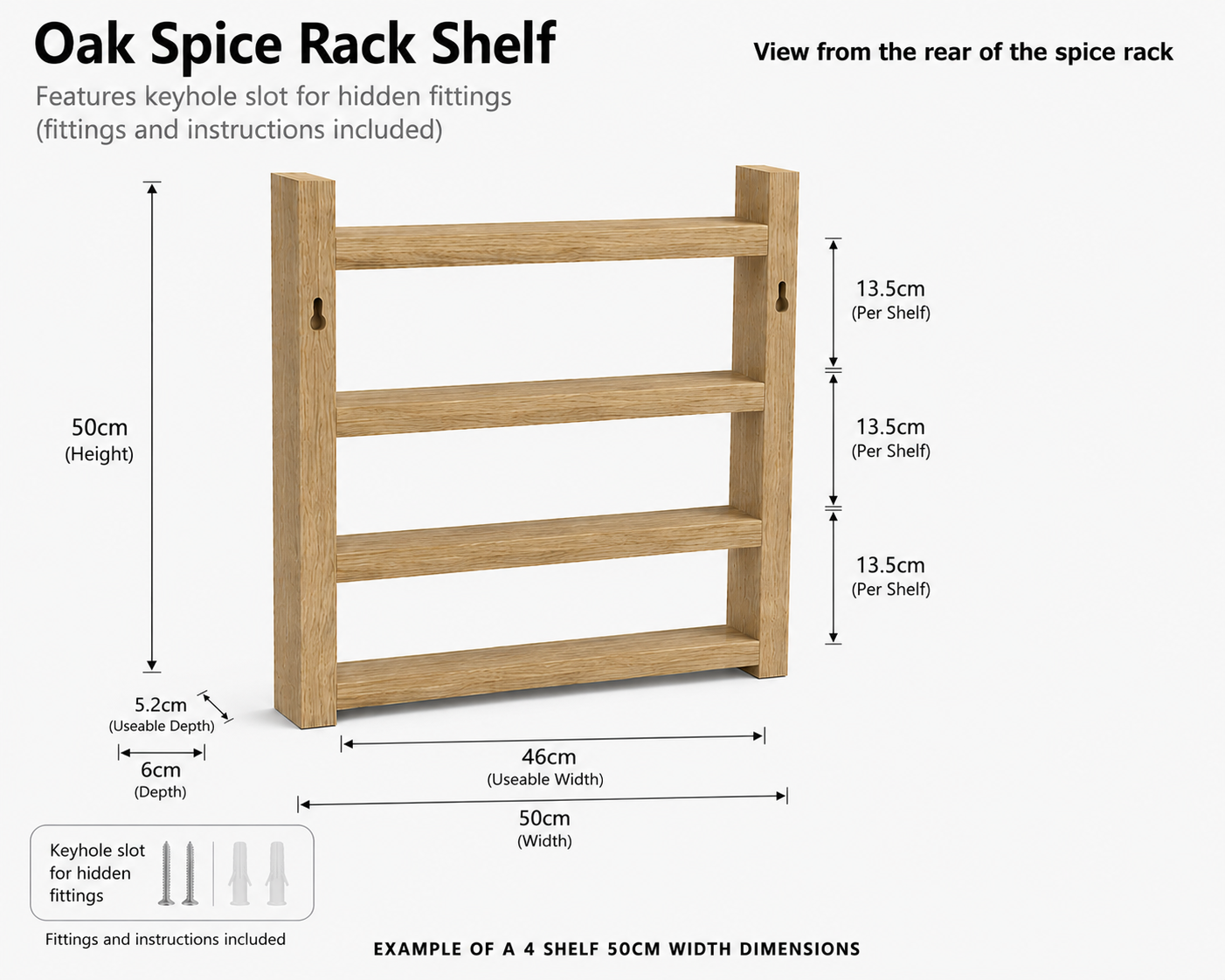 50cm wide Solid Oak spice rack (Wallmounted hidden fixtures)- Hand made
