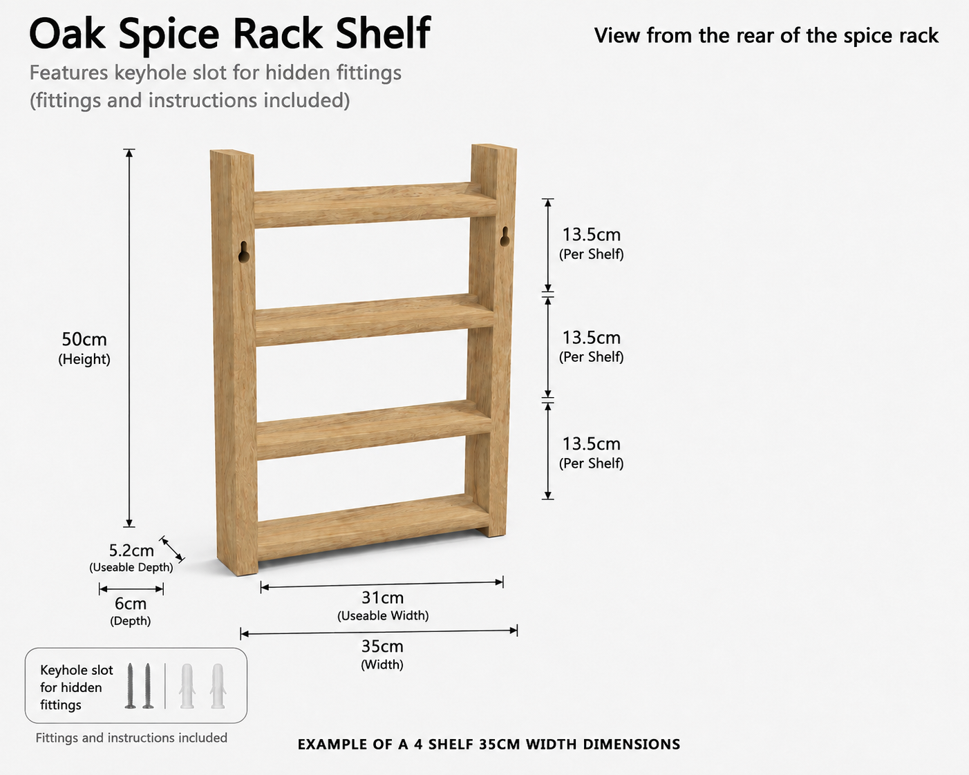 35cm wide Solid Oak Spice Rack (wallmounted hidden fixtures) - Hand made
